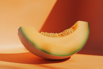 Cantaloupe Slice with Seeds on Soft Orange Background - Sweet Summer Fruit