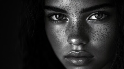 Fototapeta premium A close-up portrait of a person with striking features and detailed skin texture in black and white.