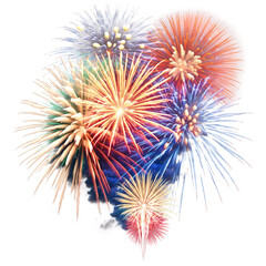 Colorful firework display with multiple bursts of light on transparent background