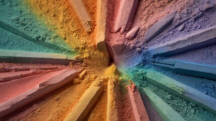Colorful chalk pieces create a vibrant spectrum on a textured surface during an art project in natural light