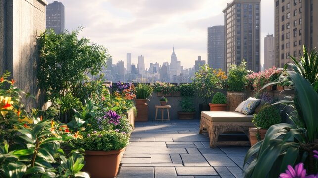 A lush rooftop garden with a cityscape view.