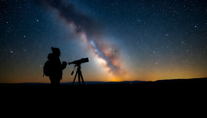 Fototapeta premium Silhouette of a man, telescope and countryside under the starry skies isolated with white highlights, png