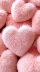 ピンクのふわふわしたハートの飾りがたくさん並んでいる様子、温かい雰囲気のデコレーション