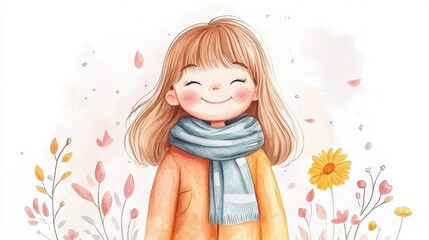 A cheerful girl in an autumn setting, wearing a scarf, surrounded by flowers and falling leaves, embodying warmth and joy.