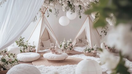 Cozy indoor tent setup adorned with flowers, perfect for relaxation or gatherings.