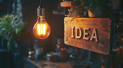 Glowing light bulb with idea sign in a cozy setting, creativity and inspiration concept