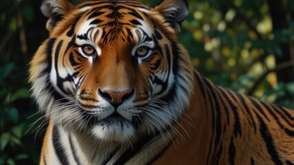 Obraz premium a tiger, its piercing eyes and powerful build capturing the essence of a true predator. The tiger's vibrant orange and black stripes stand out against the lush green foliage of the forest.