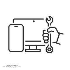 broken gadget repair icon, phone with computer repair service, thin line vector illustration