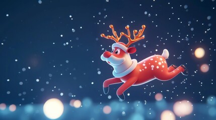 Chubby reindeer soars through the night sky with santa spreading holiday cheer and magic