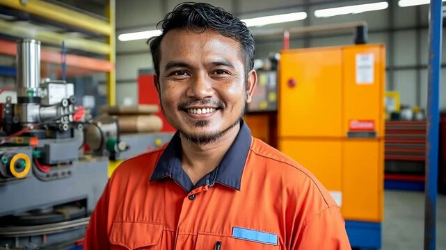 A man in an orange jumpsuit smiles in a factory setting