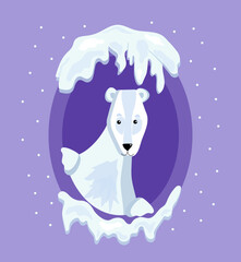 Cartoon polar bear, frame. Arctic animal, ice. International Polar Bear Day, card. Snow, winter, icicles.