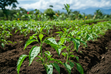Obraz premium Fiery Peppers Flourishing on Plants: Spice Farm Harvest