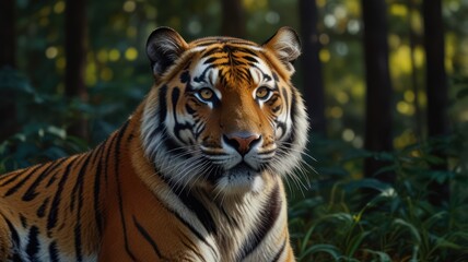 a tiger, its piercing eyes and powerful build capturing the essence of a true predator. The tiger's vibrant orange and black stripes stand out against the lush green foliage of the forest.