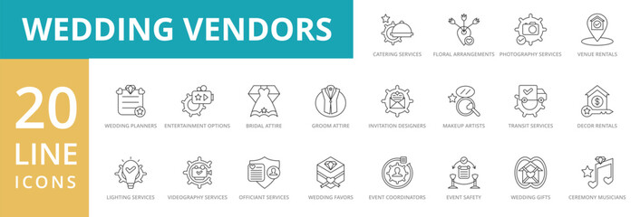 Wedding vendors icon set. Contain catering services, floral arrangements, photography, venue rentals, wedding planners, entertainment options, invitation designers, decor rentals, event coordinators