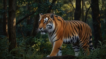 Naklejka premium a tiger, its piercing eyes and powerful build capturing the essence of a true predator. The tiger's vibrant orange and black stripes stand out against the lush green foliage of the forest.