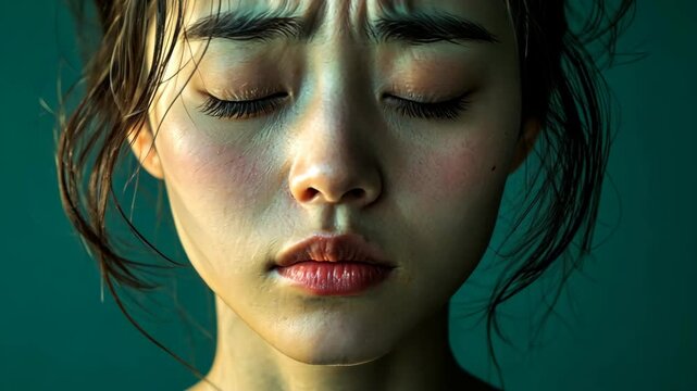 A woman with dark hair and closed eyes looks down in front of a teal background