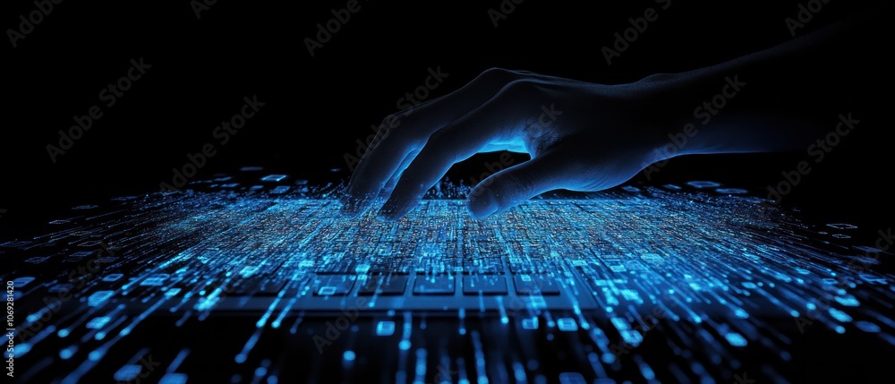 Poster a hand interacts with a glowing keyboard amidst a digital landscape of data streams.