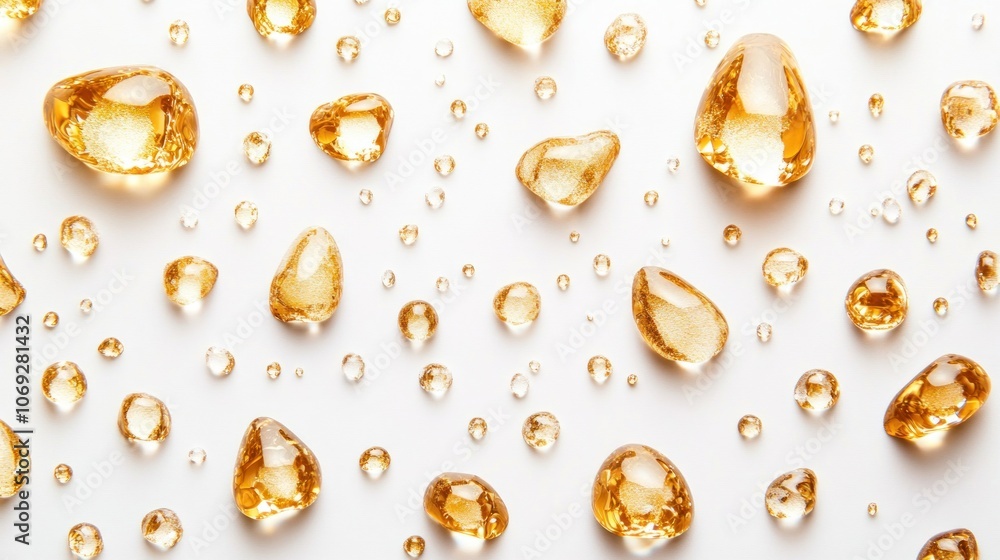 Poster close-up of amber-colored droplets on a white surface, creating a visually appealing texture.