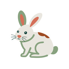 Simple Cartoon Rabbit with Green and Brown Accents, Illustration of a cute white rabbit with green and brown accents, featuring a minimalistic, friendly design. Ideal for animal-themed content.

