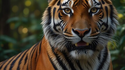 Fototapeta premium a tiger, its piercing eyes and powerful build capturing the essence of a true predator. The tiger's vibrant orange and black stripes stand out against the lush green foliage of the forest.