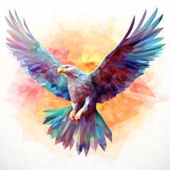 Colorful geometric eagle in flight with outstretched wings, set against a vibrant polygonal background, symbolizing power and freedom in modern art style