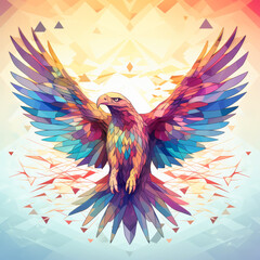 Vibrant geometric eagle in flight with multicolored wings against an abstract polygonal background, symbolizing freedom and power in modern digital art
