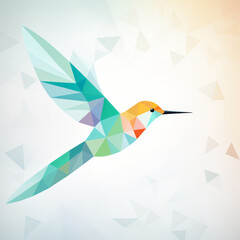 Colorful geometric hummingbird in mid-flight with abstract polygonal design, representing elegance and agility in a minimalist modern style