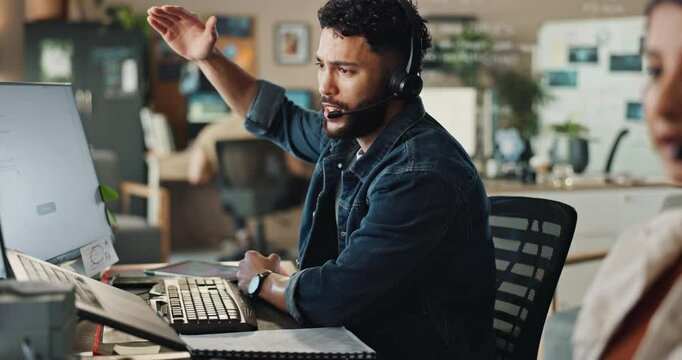 Telemarketing, headphones and business people with call center, funny and help desk. Headset, employees and consulting agency with customer support, friendly service and laughing with humor and joke