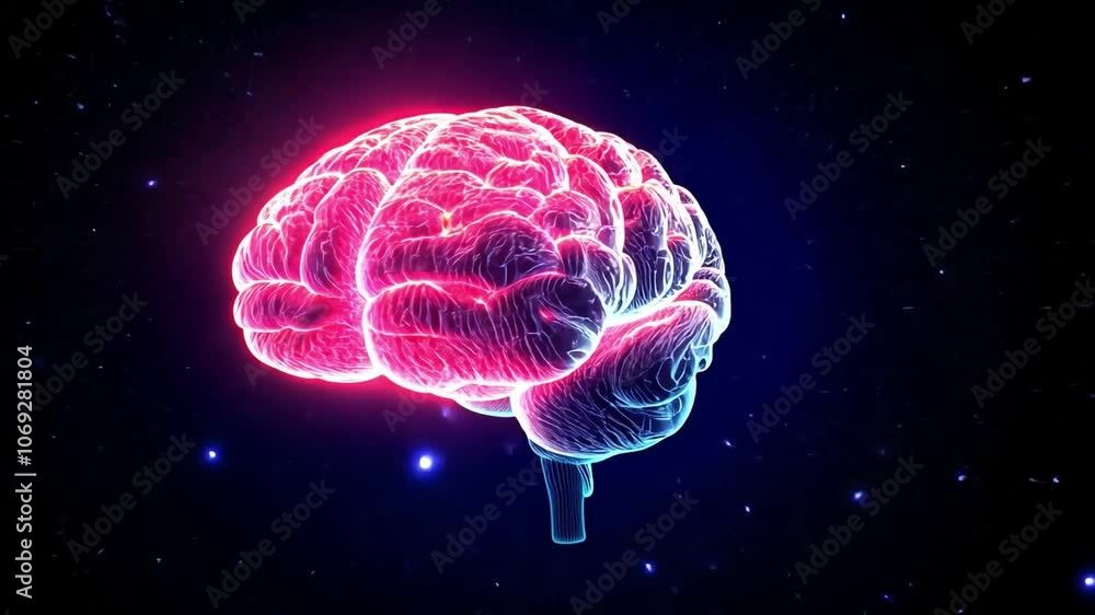 Poster colorful 3d representation of a human brain with glowing neural pathways against a dark background