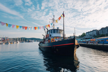 Classic Tugboat with Festive Bunting in Port &ndash; Summer Harbor Celebration Scene