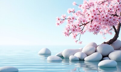 Cherry blossom branch rocky coastline serene water light