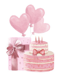 Birthday gift watercolor illustration with white background