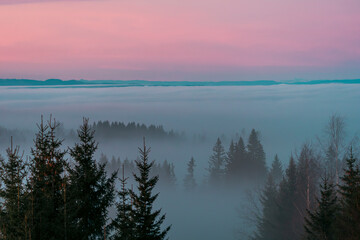 Evening mist from Lake Mjøsa in the edge zone of the cultural landscape of Toten up to the Totenåsen Hills, Norway, in November 2024.