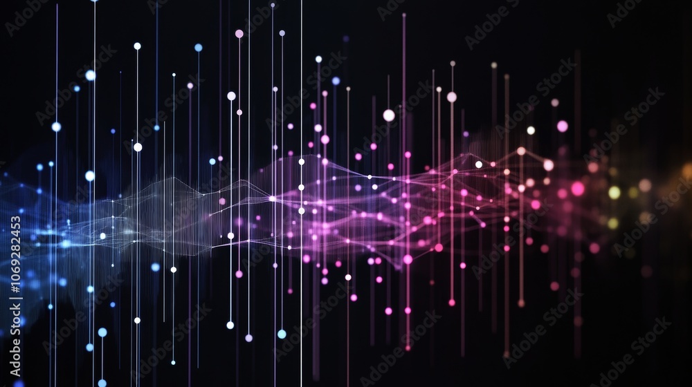 Poster an abstract depiction of digital waves intertwined with colorful particles gracefully flowing, repre