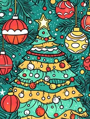 Fototapeta premium Create a whimsical doodle hand-drawn christmas background featuring a festive christmas tree and ornaments