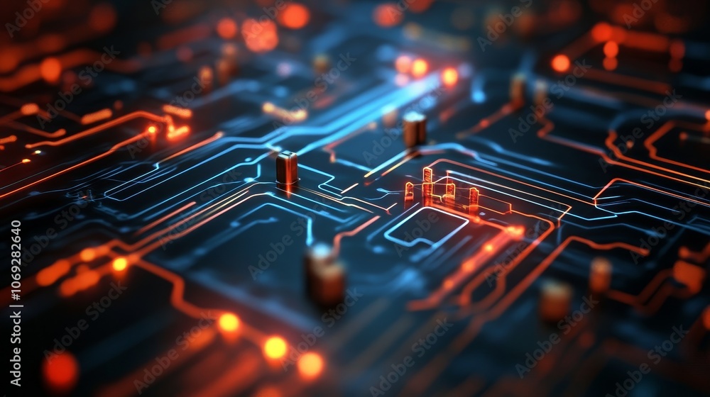 Poster a visually captivating circuit board lit by futuristic glowing hues, representing technological adva