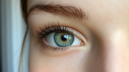 Fototapeta premium Close-up of a woman's blue eye with long eyelashes.