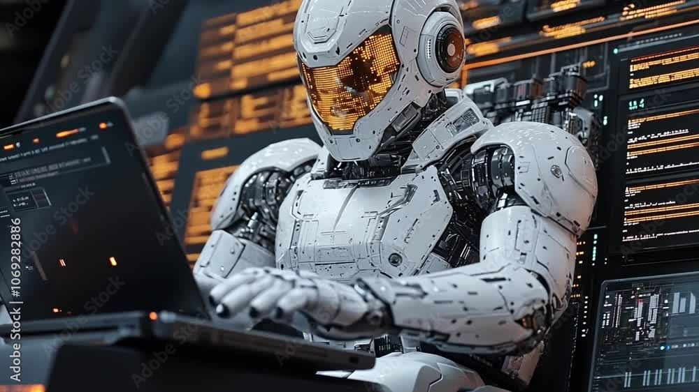 Poster futuristic robot working on a laptop in a high-tech control room filled with screens and data