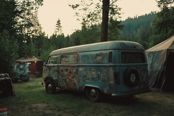 Old Panel Van with Mural Art at Music Festival – Summer Concert Camping Scene
