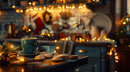Festive Christmas Home Kitchen with Baked Cookies, Chocolate Mug, Apron, and Decorative Wreaths