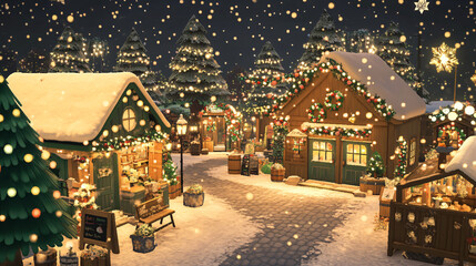 A charming winter market with twinkling lights and cozy decorations.
