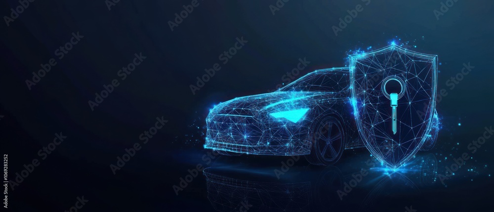 Poster a digital representation of a car with a shield symbolizing security and protection.