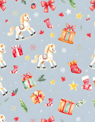 Naklejka premium Watercolor seamless winter pattern with Christmas elements. Cute toy horse, gifts, skates, stars, lantern, fir, leaves, socks. Watercolor illustration for wrapping paper, textile, decoration, hand-d