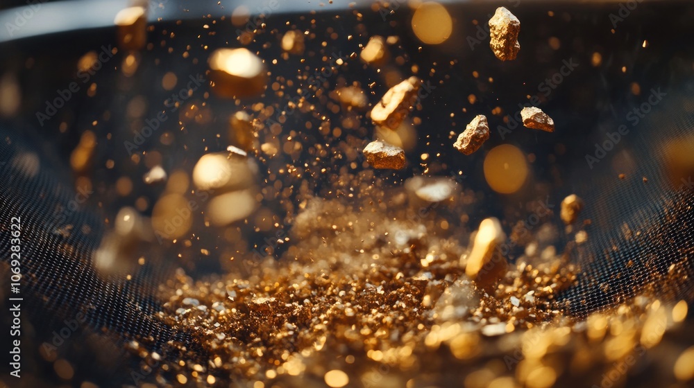 Aufkleber a close-up of gold particles and nuggets suspended in the air, creating a dynamic scene.