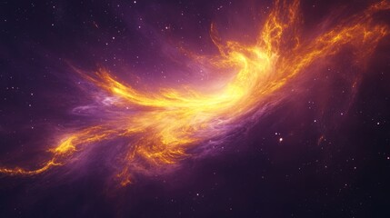 Fototapeta premium A fiery cosmic burst ignites the sky in a vibrant astral dance of purple and gold, representing energy and transformation in the celestial realm.