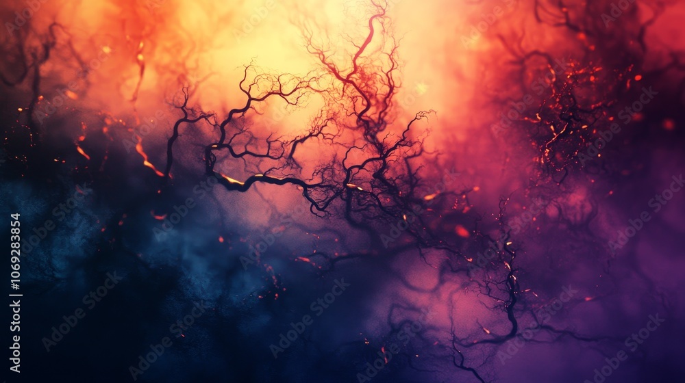Poster an abstract depiction of a neural network displays tangled, organic lines weaving through a vibrant 