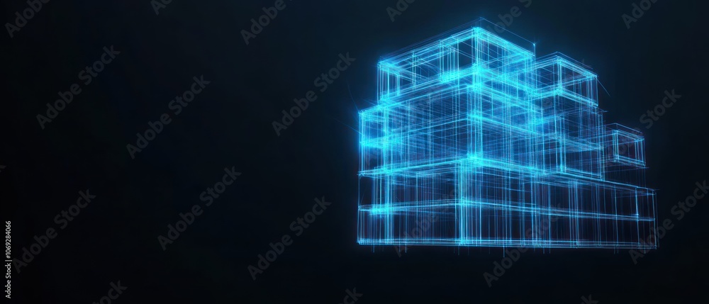 Poster a digital wireframe model of a building, showcasing architectural design and visualization.