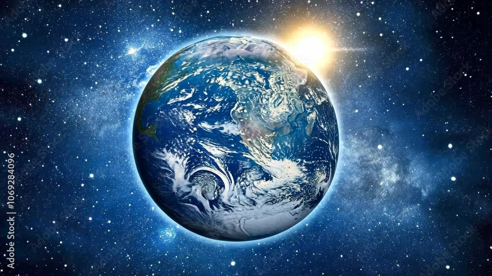 Wall mural a view of earth from space with the sun shining brightly in the background