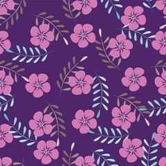 Flower garden wallpaper design vector prepared for textile printing. Seamless floral pattern with abstract hand drawn flower and leaf background elements in purple