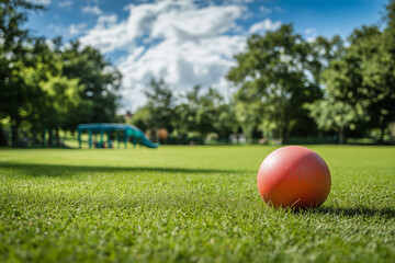 Naklejka premium Rounders Ball on Grassy Play Area in Community Park: Summer Fun in Motion